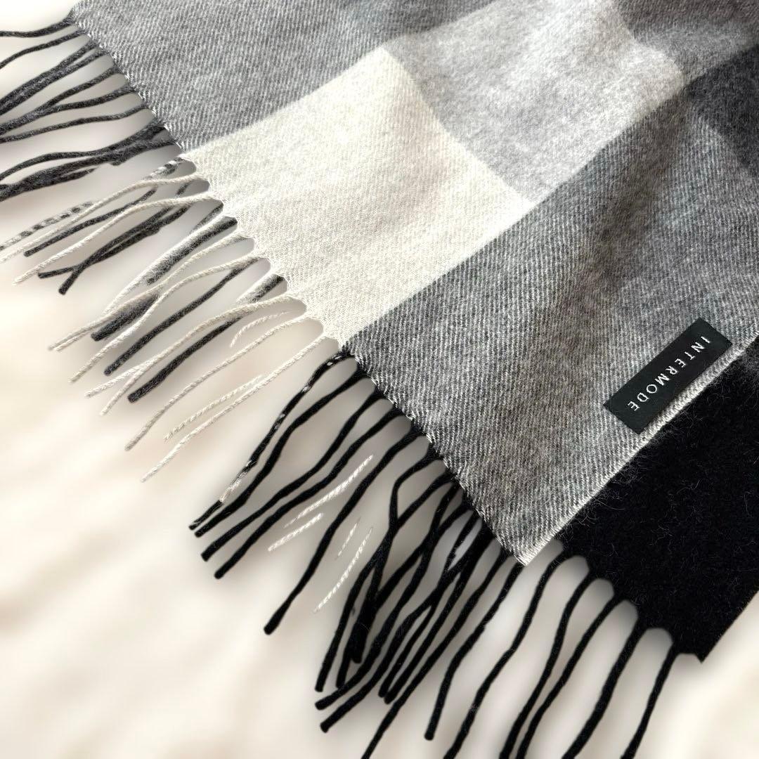 美品INTERMODE カシミアブロックチェック　ストール　グレーブラック