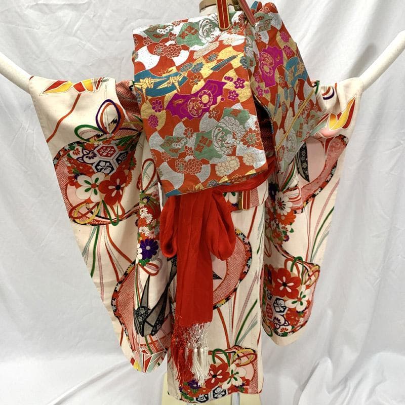 405ag53■七五三 七歳 女児 アンティーク着物＆丸帯 薬玉文 折り鶴■