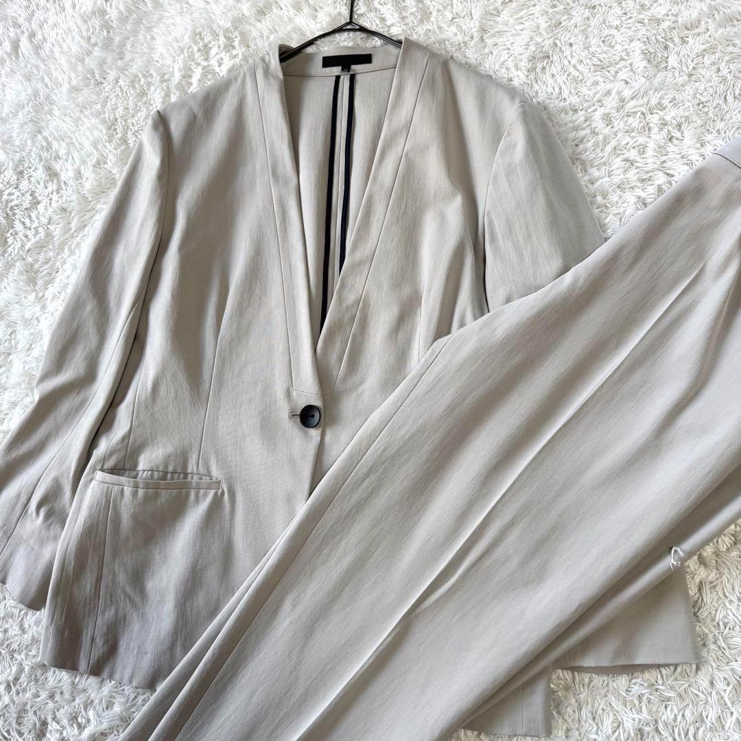 ICB ノーカラー　麻混　ビジネス　パンツスーツ　セットアップ　42 洗える