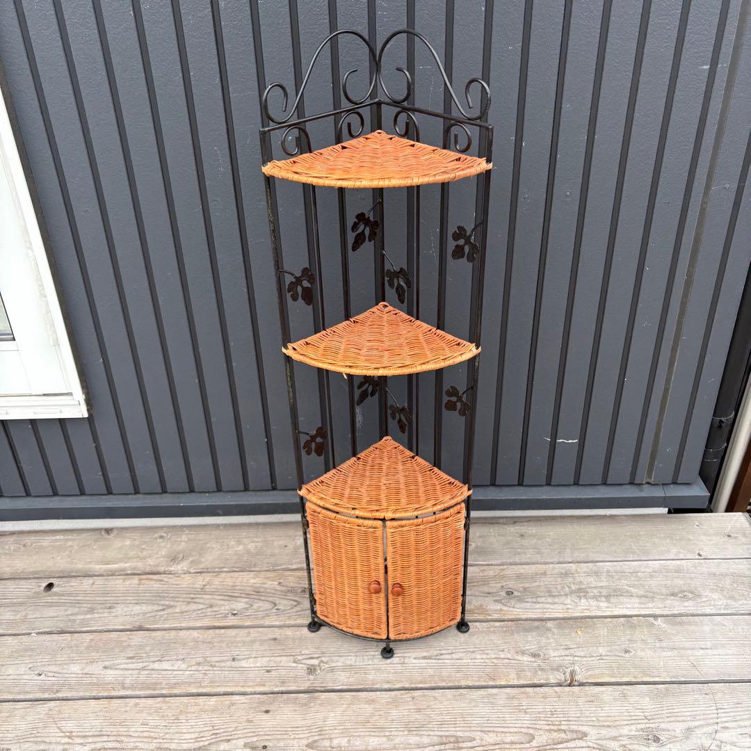 北欧レトロ ラタン＆花柄アイアン トイレラック サニタリー収納 スリム 飾り棚