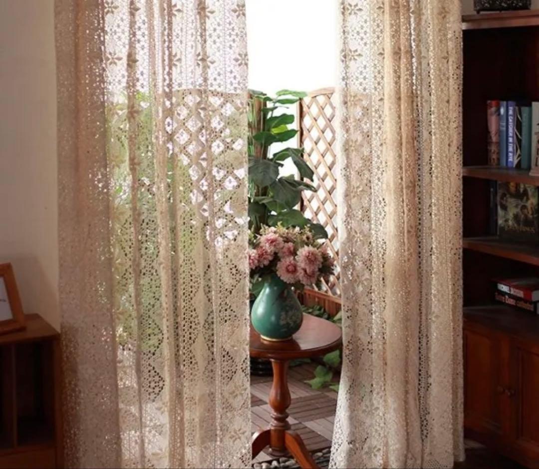 『新品未使用』採寸ミス購入… アンティーク 編み レースカーテン 2倍ヒダ