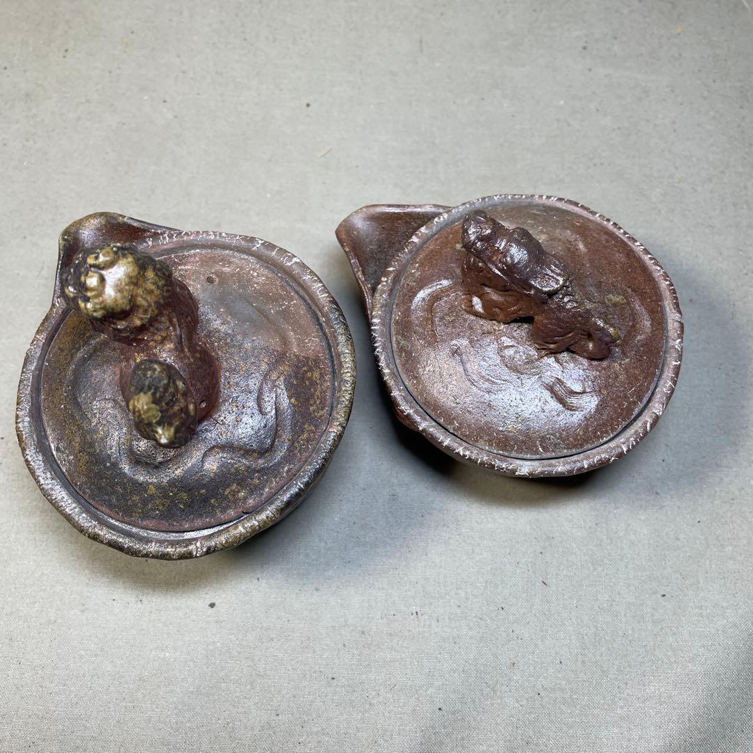 ト*ー様 備前焼　備前手造り龍宝瓶　獅子宝瓶 在銘 ２点セット 煎茶器 急須 煎