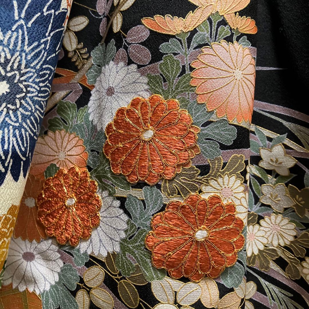 010❇︎黒留袖 小紋ギャザーたっぷり 菊模様スカート 腰リボン両脇ポケット付き