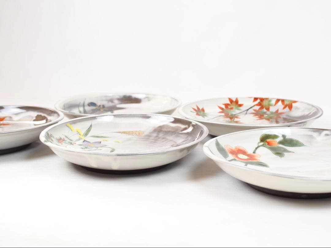 陶葊 陶あん 清水焼 京焼 大皿 8寸 24cm 5枚揃い 白掛五草花 共箱付き