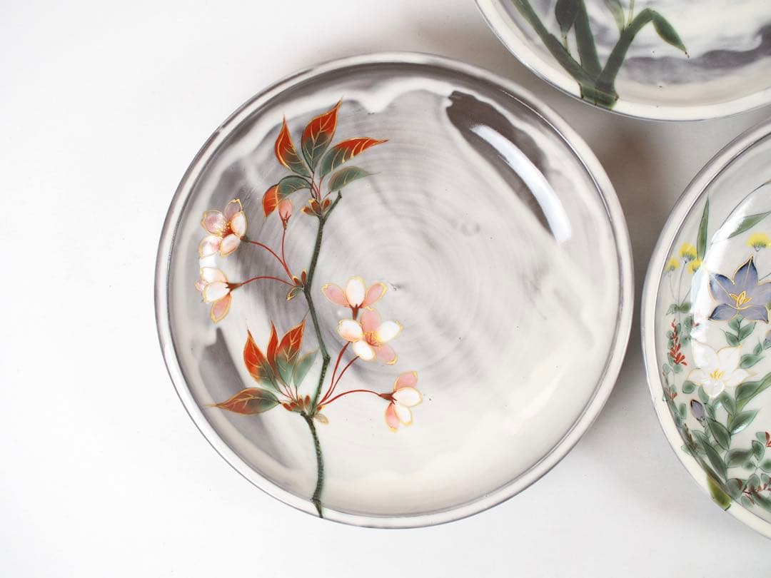 陶葊 陶あん 清水焼 京焼 大皿 8寸 24cm 5枚揃い 白掛五草花 共箱付き