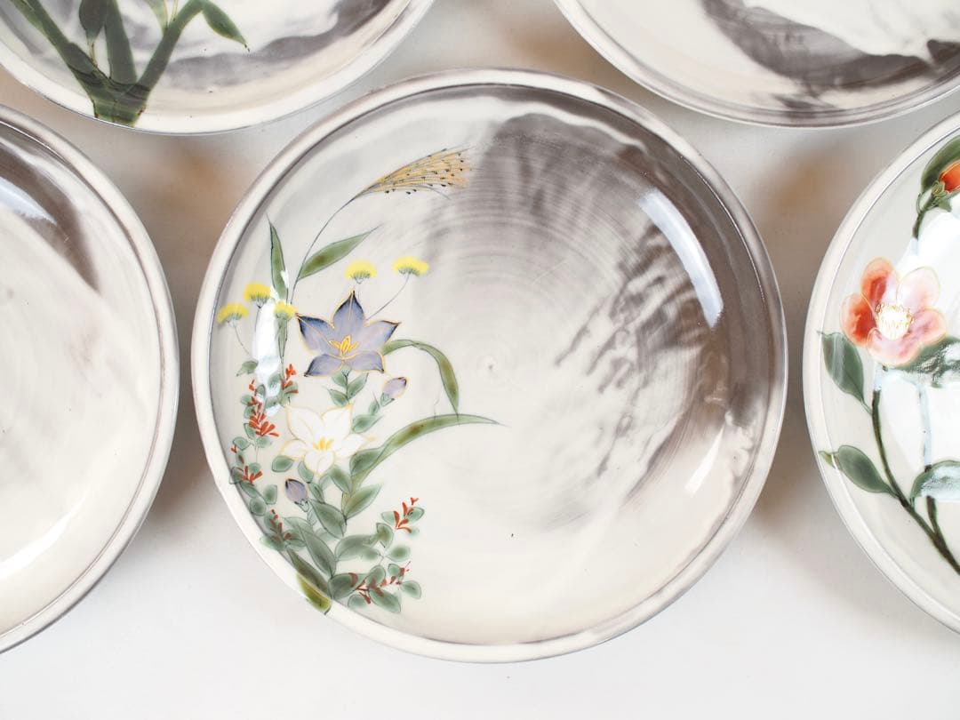 陶葊 陶あん 清水焼 京焼 大皿 8寸 24cm 5枚揃い 白掛五草花 共箱付き