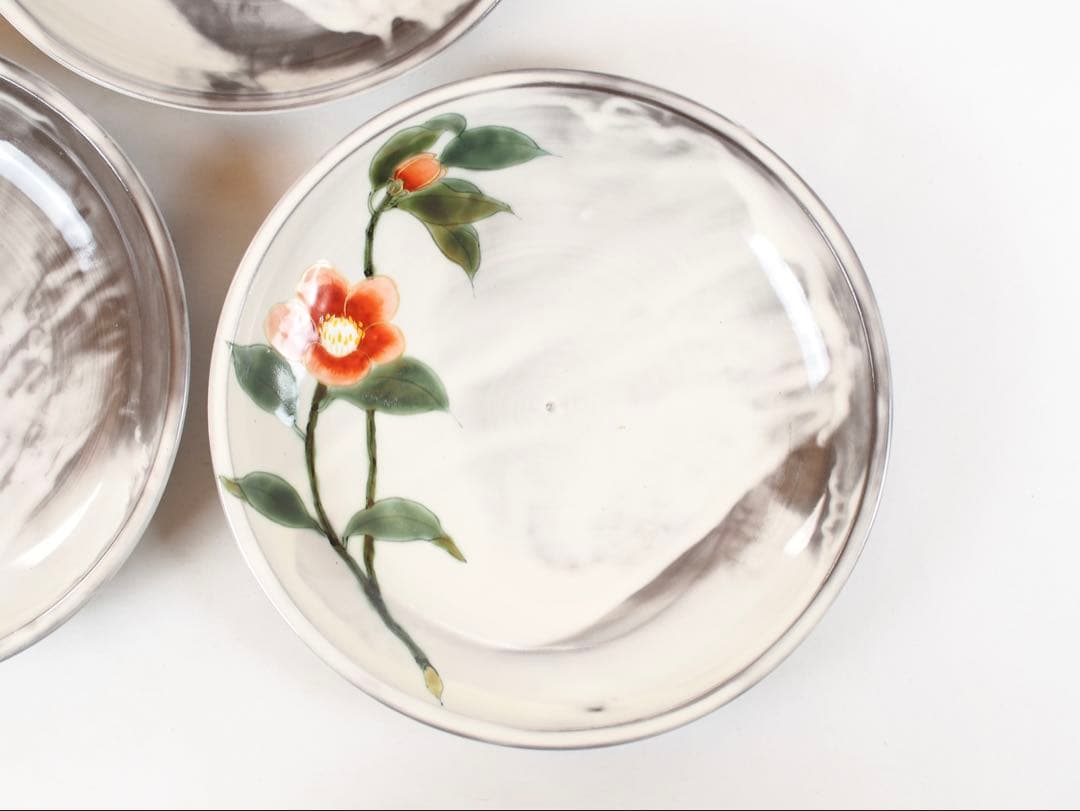 陶葊 陶あん 清水焼 京焼 大皿 8寸 24cm 5枚揃い 白掛五草花 共箱付き