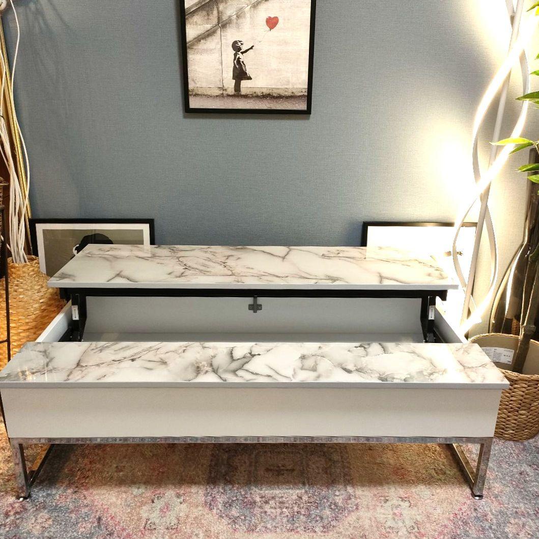 dinos ディノス 大理石調 昇降式 リビングテーブル 収納付き