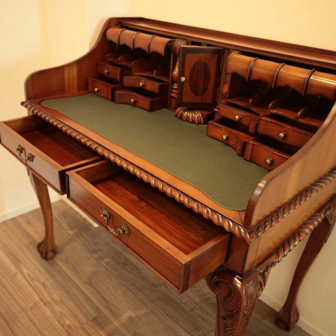 高級マホガニー家具 チッペンデール アンティークデスク 猫脚 書斎机 送料無料