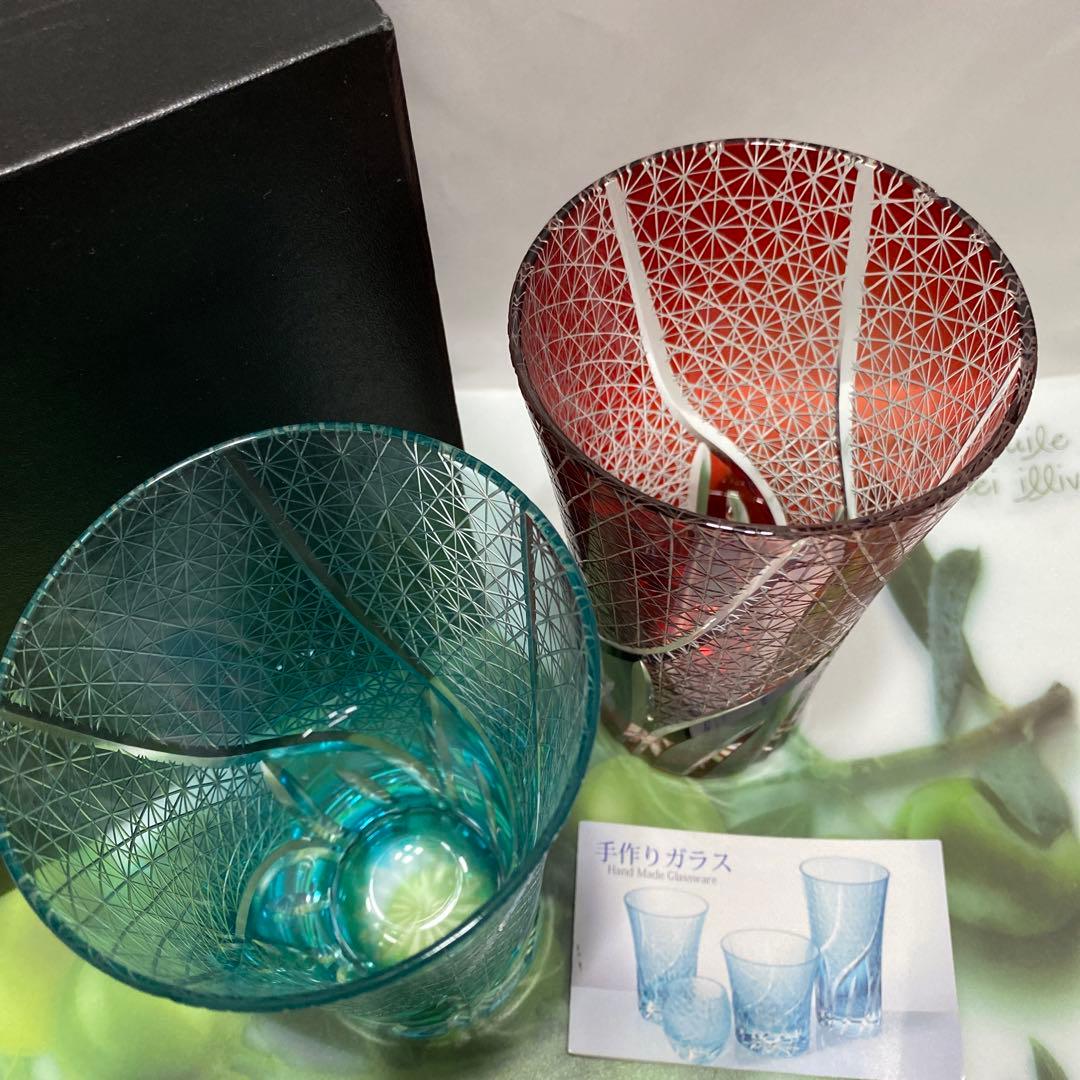 未使用　キリコ　切子　ビアグラス　タンブラー　2個セット　手作り　箱入