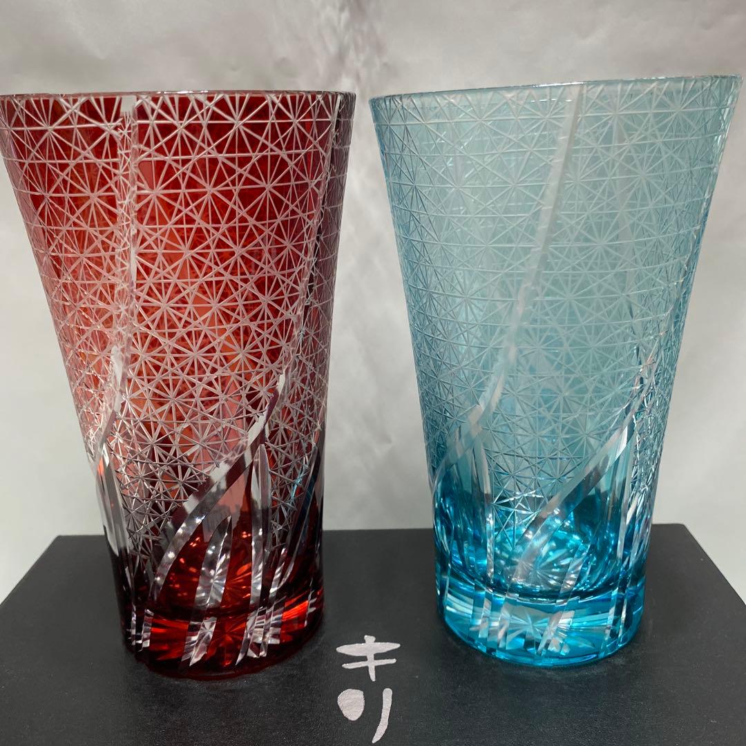 未使用　キリコ　切子　ビアグラス　タンブラー　2個セット　手作り　箱入