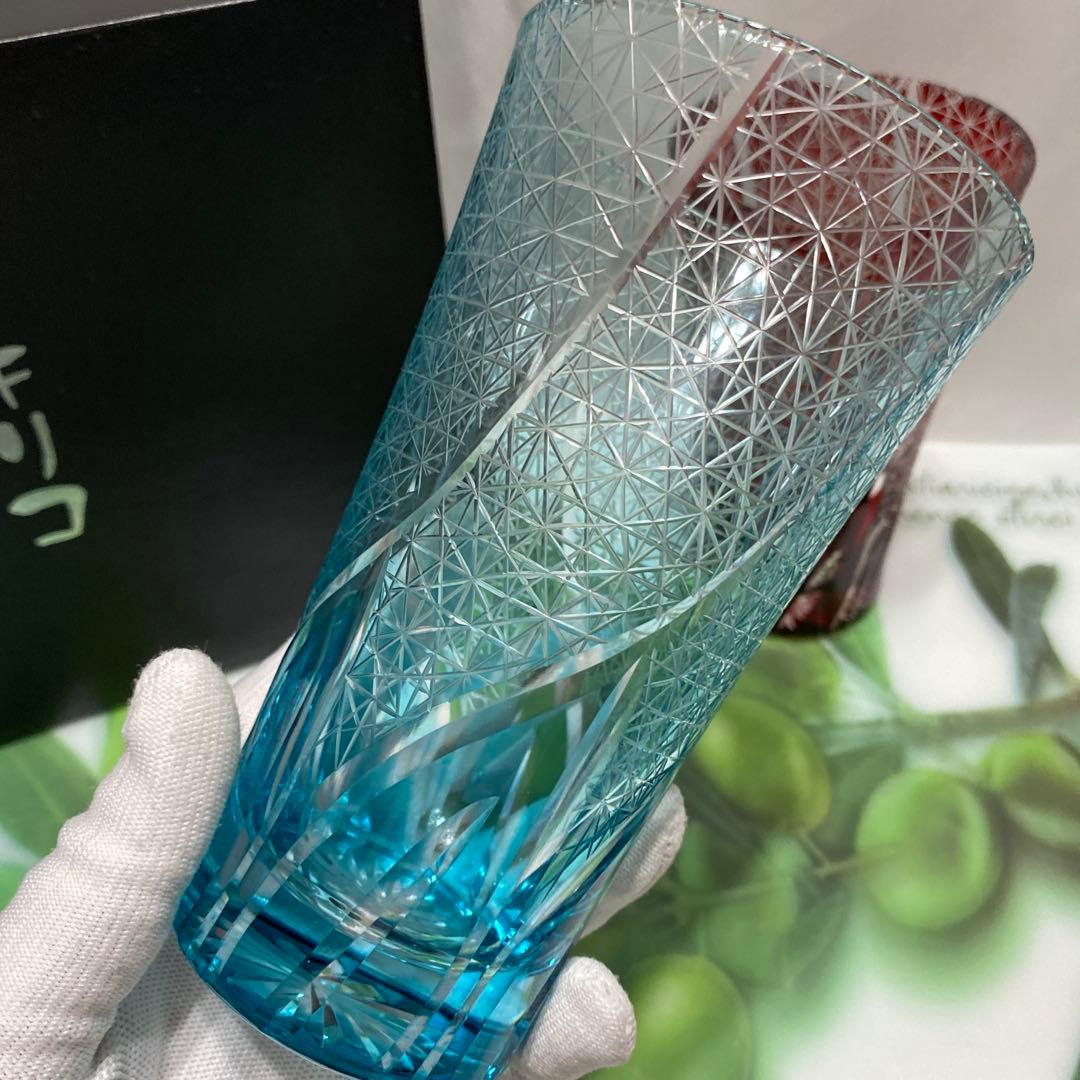 未使用　キリコ　切子　ビアグラス　タンブラー　2個セット　手作り　箱入