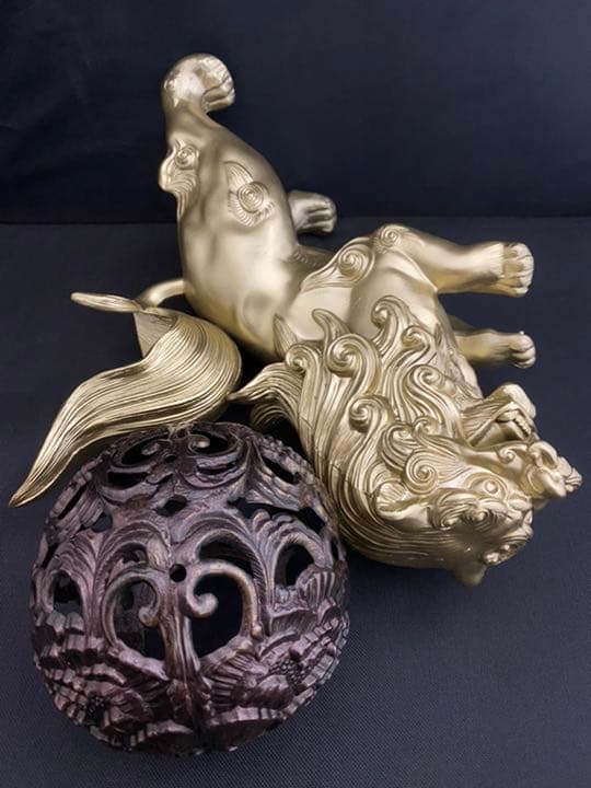 獅子 シーサー 玉 金属製 彫刻 置物 開運 風水 骨董 古美術 インテリア