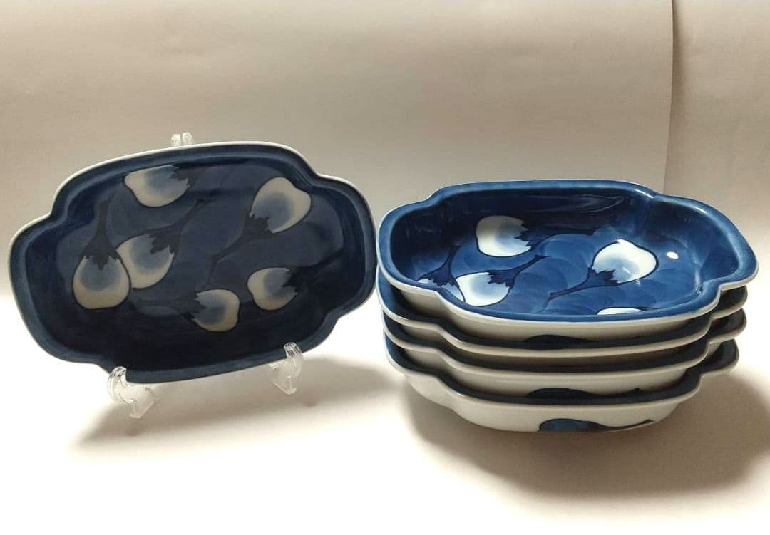 源右衛門窯 染濃 茄子絵 木瓜型 銘々皿 向付 5客組 共箱