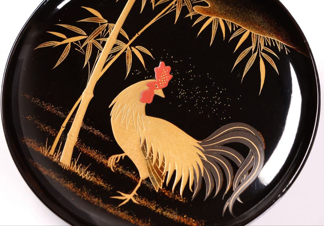 【CM353】時代蒔絵椀 竹に鶏金蒔絵 平椀三客 木製 /(検) 輪島塗加賀能登