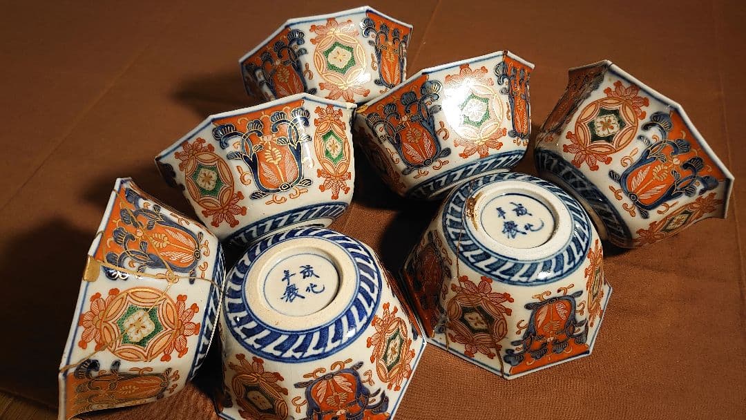 大聖寺伊万里　古伊万里　伊万里　六角鉢　色絵　金襴手　江戸期　７客