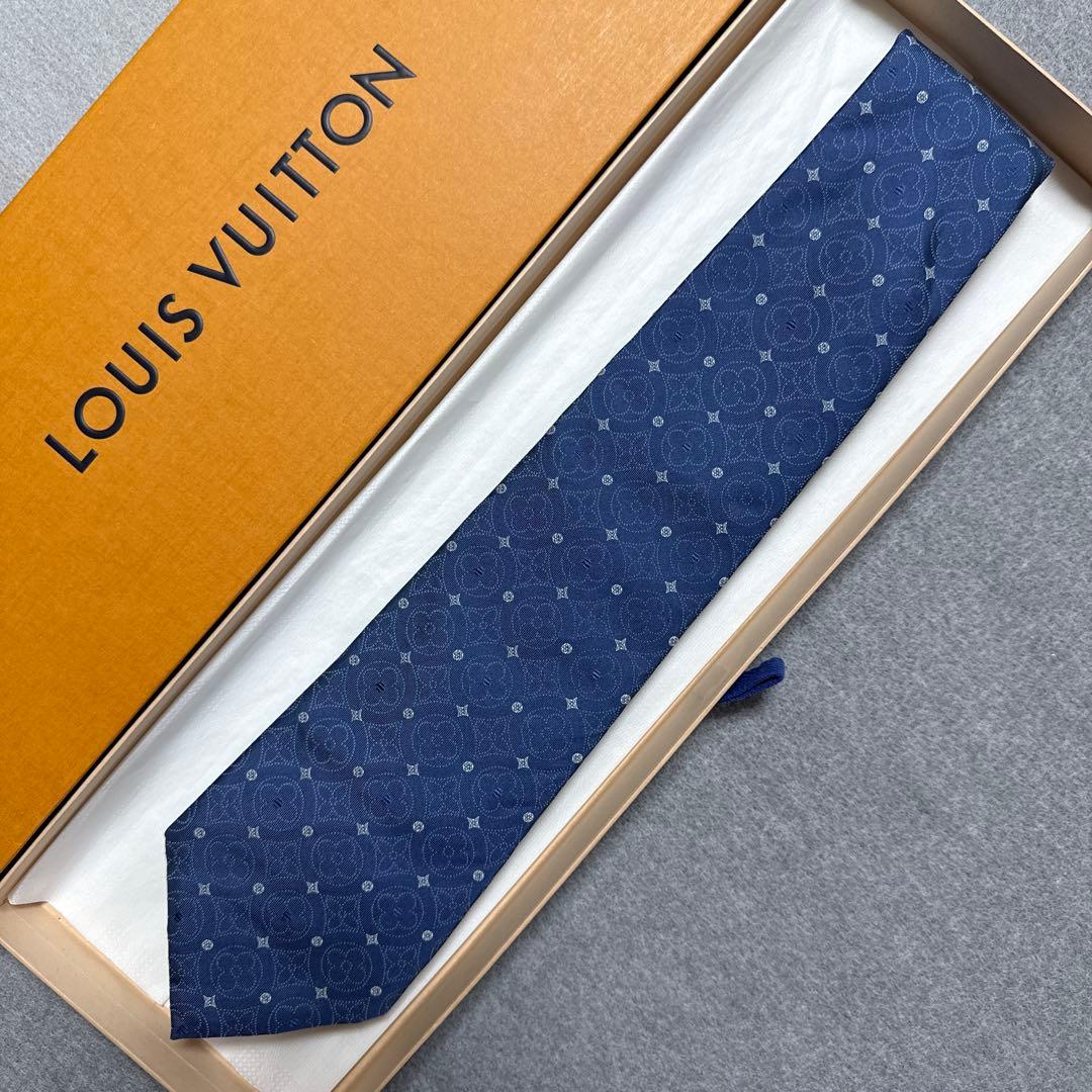 ルイ・ヴィトン　ネクタイ　青紺　モノグラム　シルクジャガード