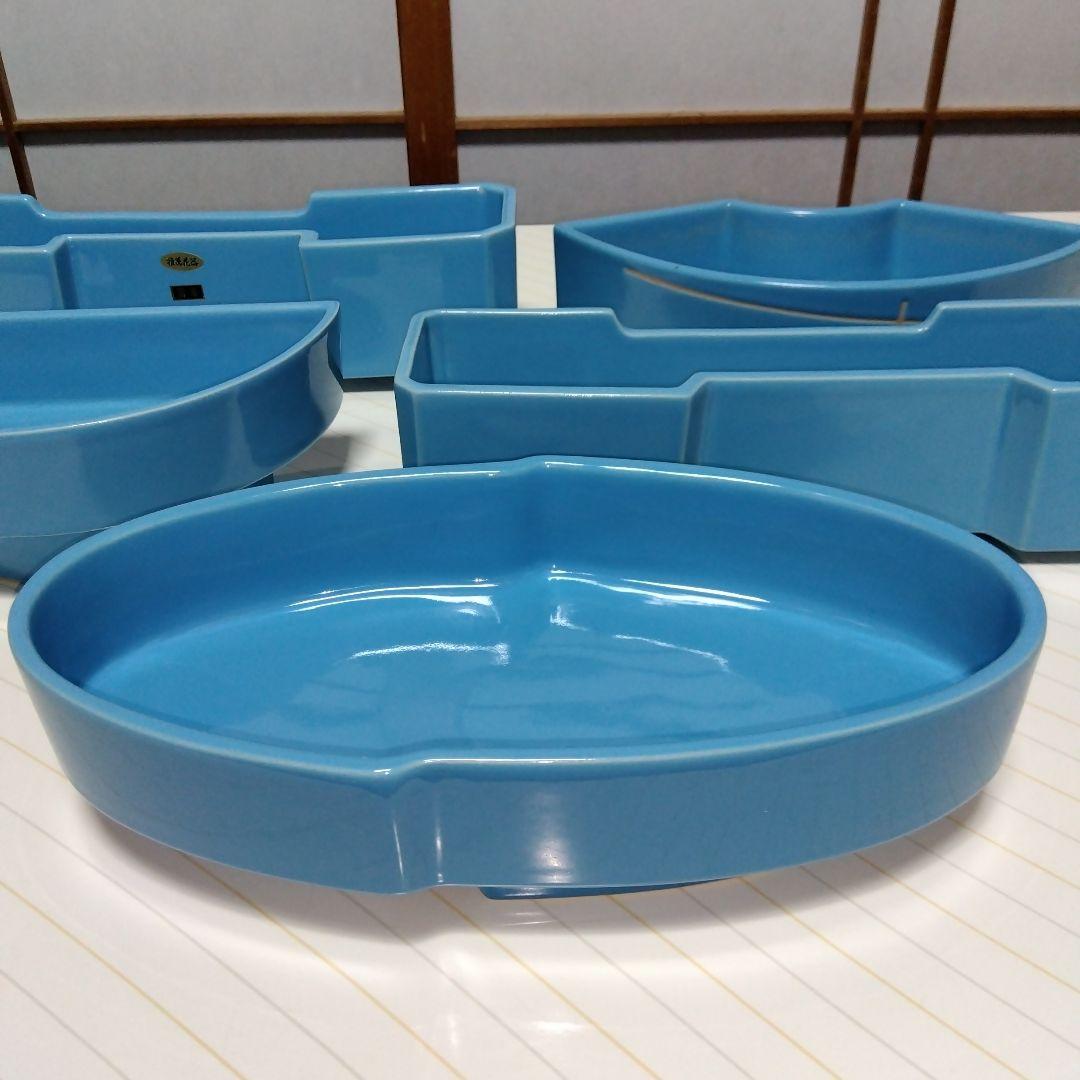 ★ 小原流 生け花 水色水盤五品揃え / 扇型&小判型&半月型水盤＆並列型二品