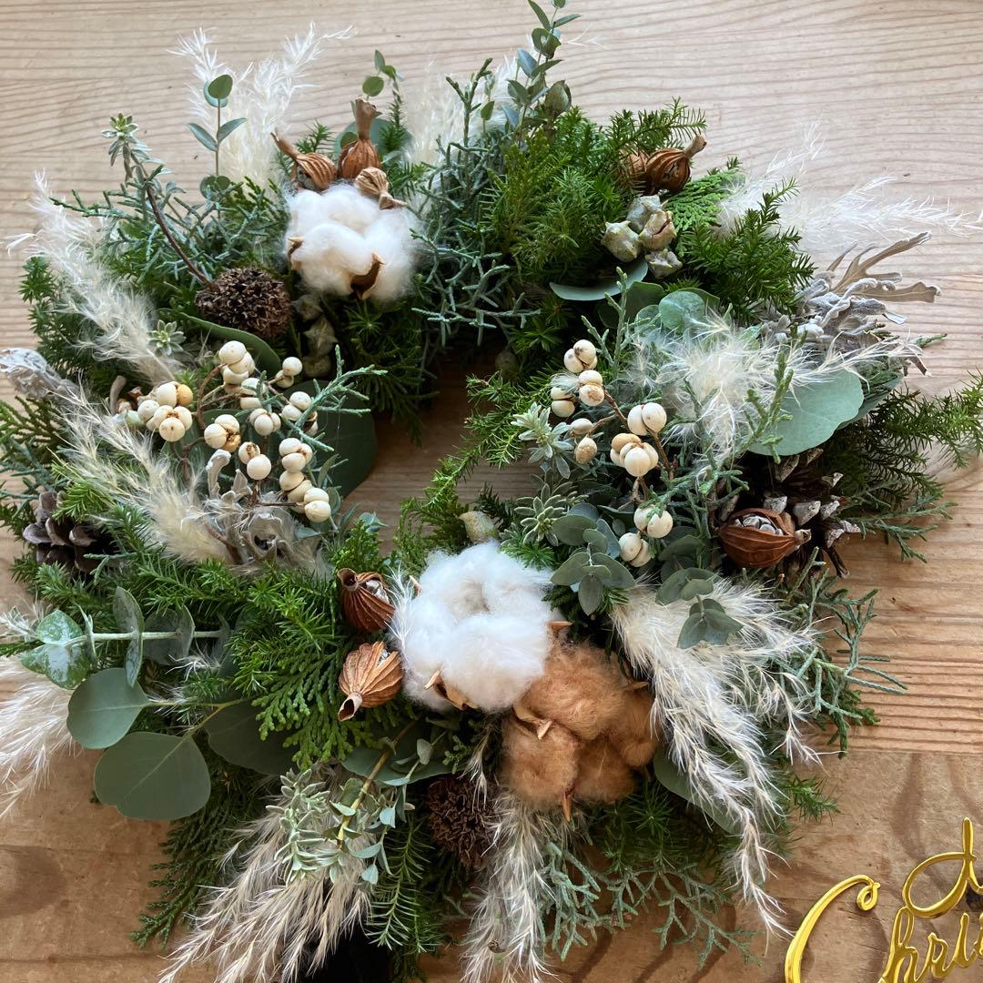 30㎝　雪降る森のクリスマスリース　コットン　フレッシュ針葉樹　ナンキンハゼ