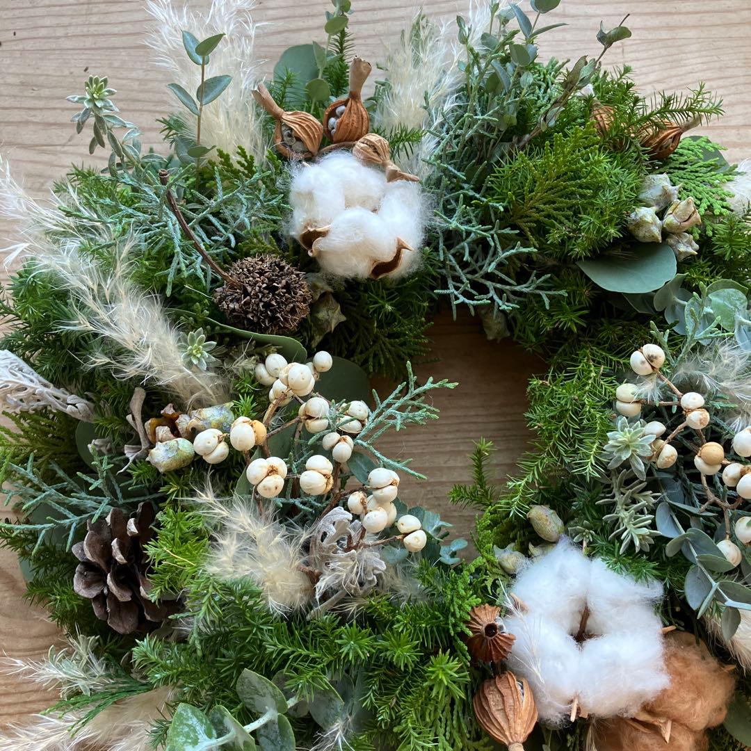 30㎝　雪降る森のクリスマスリース　コットン　フレッシュ針葉樹　ナンキンハゼ