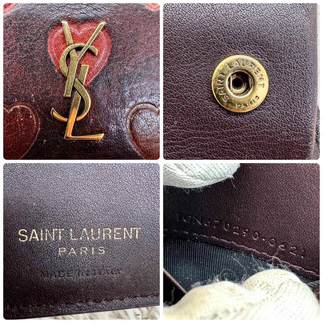 【美品】サンローラン 三つ折財布 レッド ハート YSL ゴールドロゴ