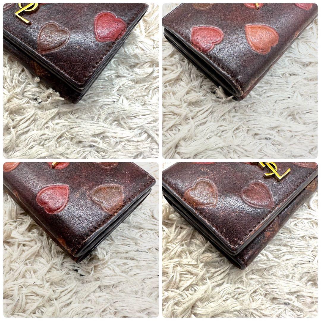 【美品】サンローラン 三つ折財布 レッド ハート YSL ゴールドロゴ
