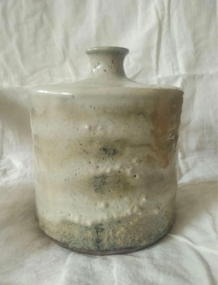 武内晴二郎　自筆　共箱あり　酒津堤窯　流描白釉花生　民藝