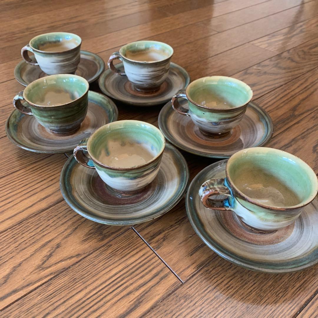 やちむん★コーヒーカップ＆受け皿6客セット★松田共司★読谷山焼北窯★沖縄焼き物