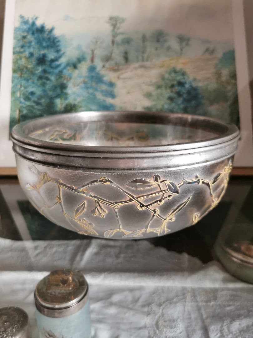 アンティーク サグリエ ドーム アシッド＆透明ガラス 宿り木 蒲公英 銀縁大深鉢