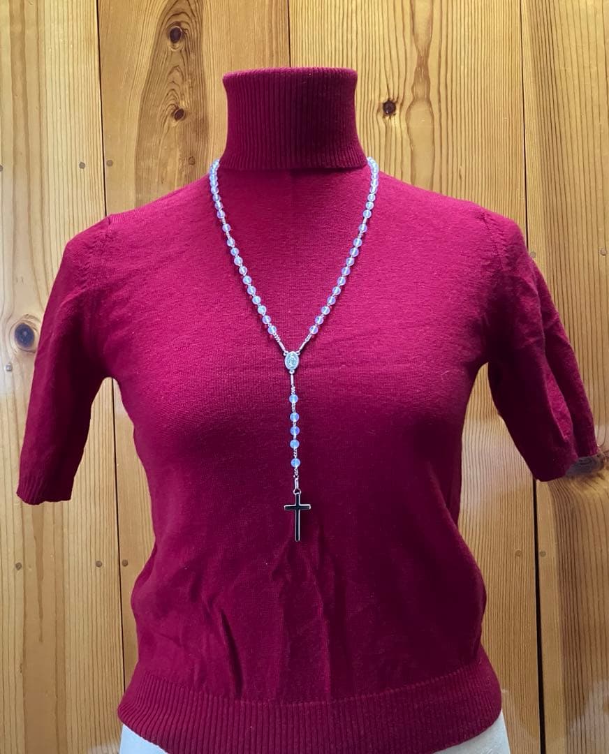 ロザリオネックレス　合成オパール　手編みロザリオ　長崎編み