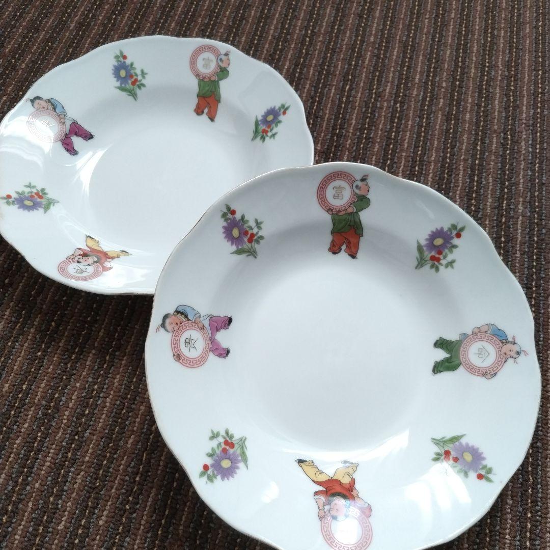 中国景徳鎮　「富貴長命」　唐子　花文様　花リム　深皿　２客セット