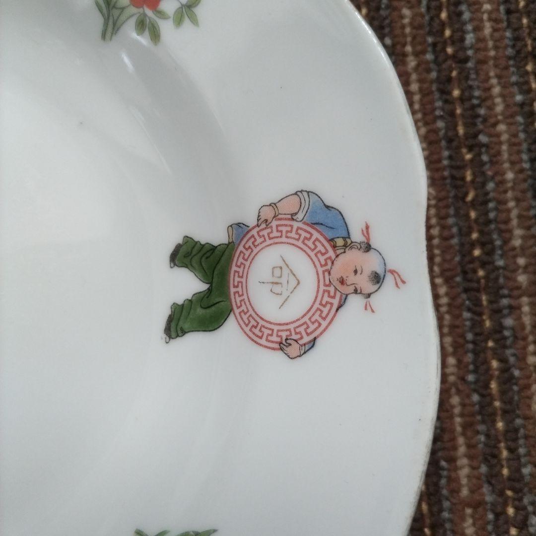 中国景徳鎮　「富貴長命」　唐子　花文様　花リム　深皿　２客セット