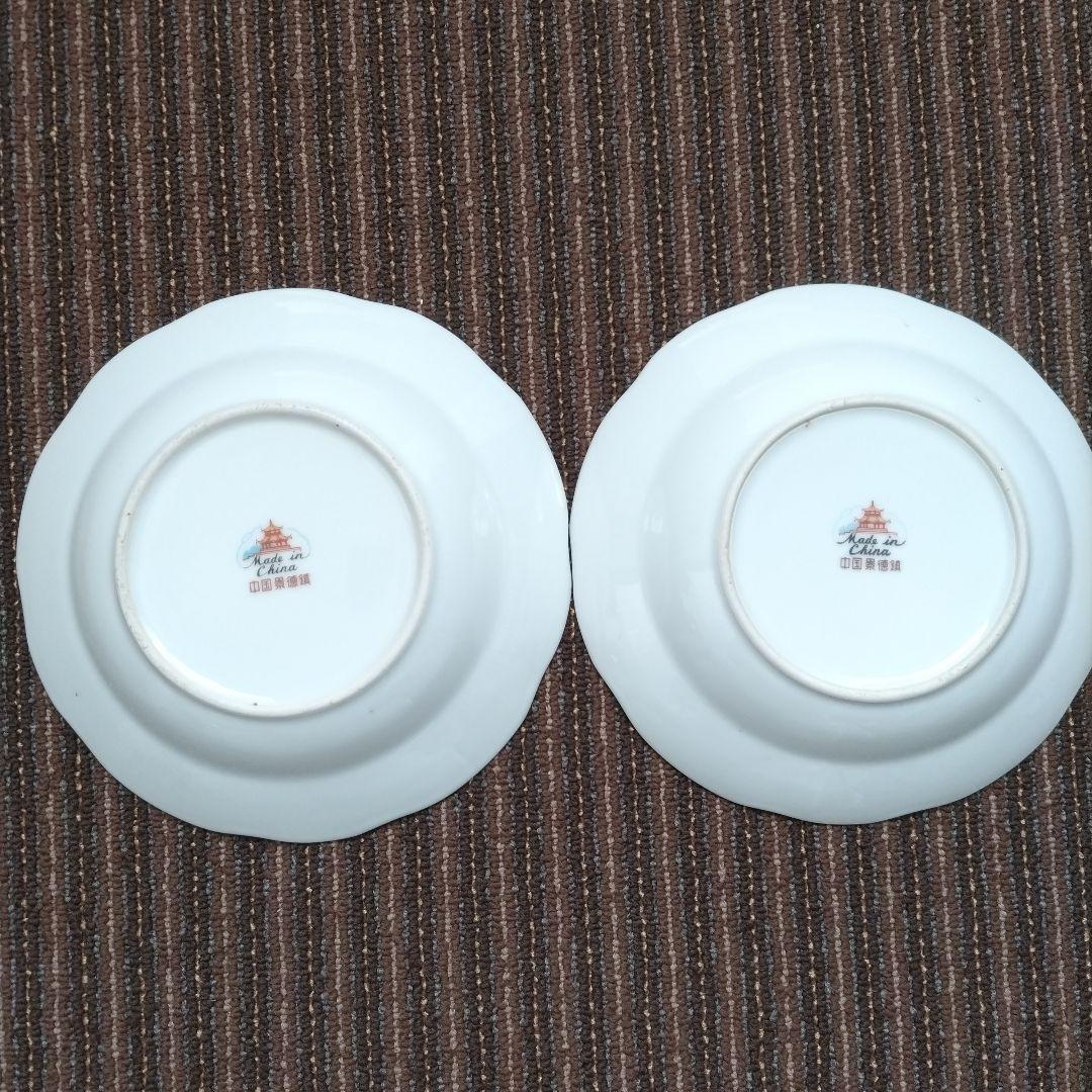 中国景徳鎮　「富貴長命」　唐子　花文様　花リム　深皿　２客セット