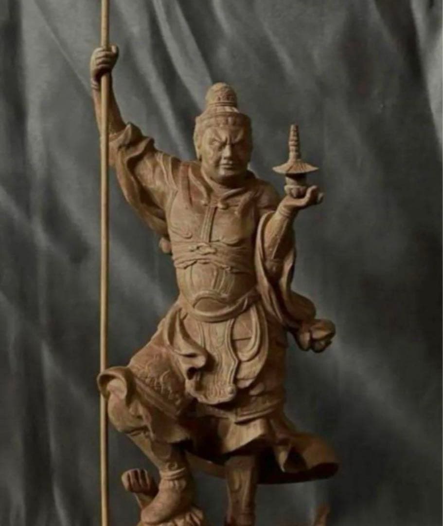 仏教工芸品　総楠製　井波彫刻　極上彫　木彫仏像　毘沙門天立像