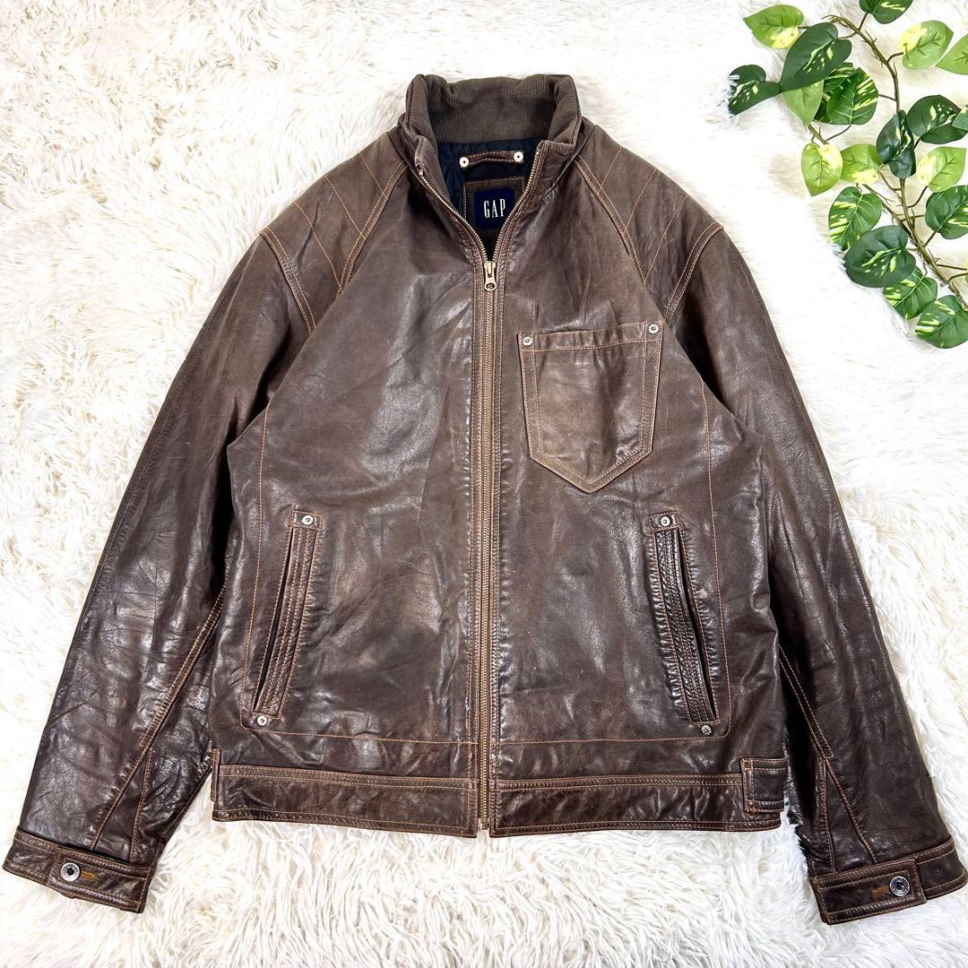 OLD GAP レザーシングルライダースジャケット ブラウン 90s 牛革 茶色