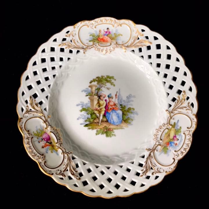 Meissen古マイセン/※美術館級 超レア1級品 ワトー上級4面絵付透かし皿B