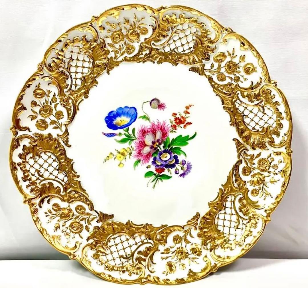 古マイセン プレート 7つの花 金彩Meissenアンティーク