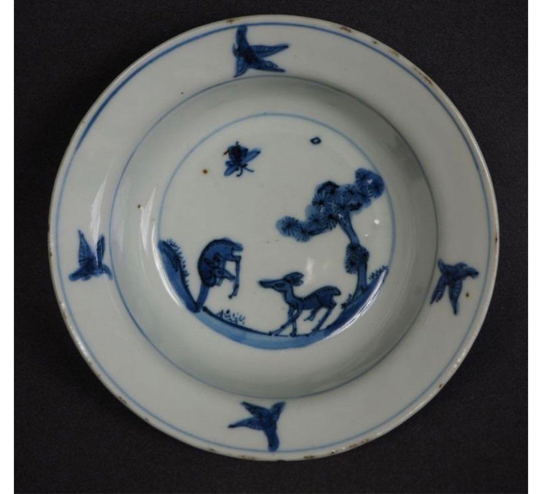 送料無料　明時代　鹿図染付平碗５客　本物保証　中国古玩