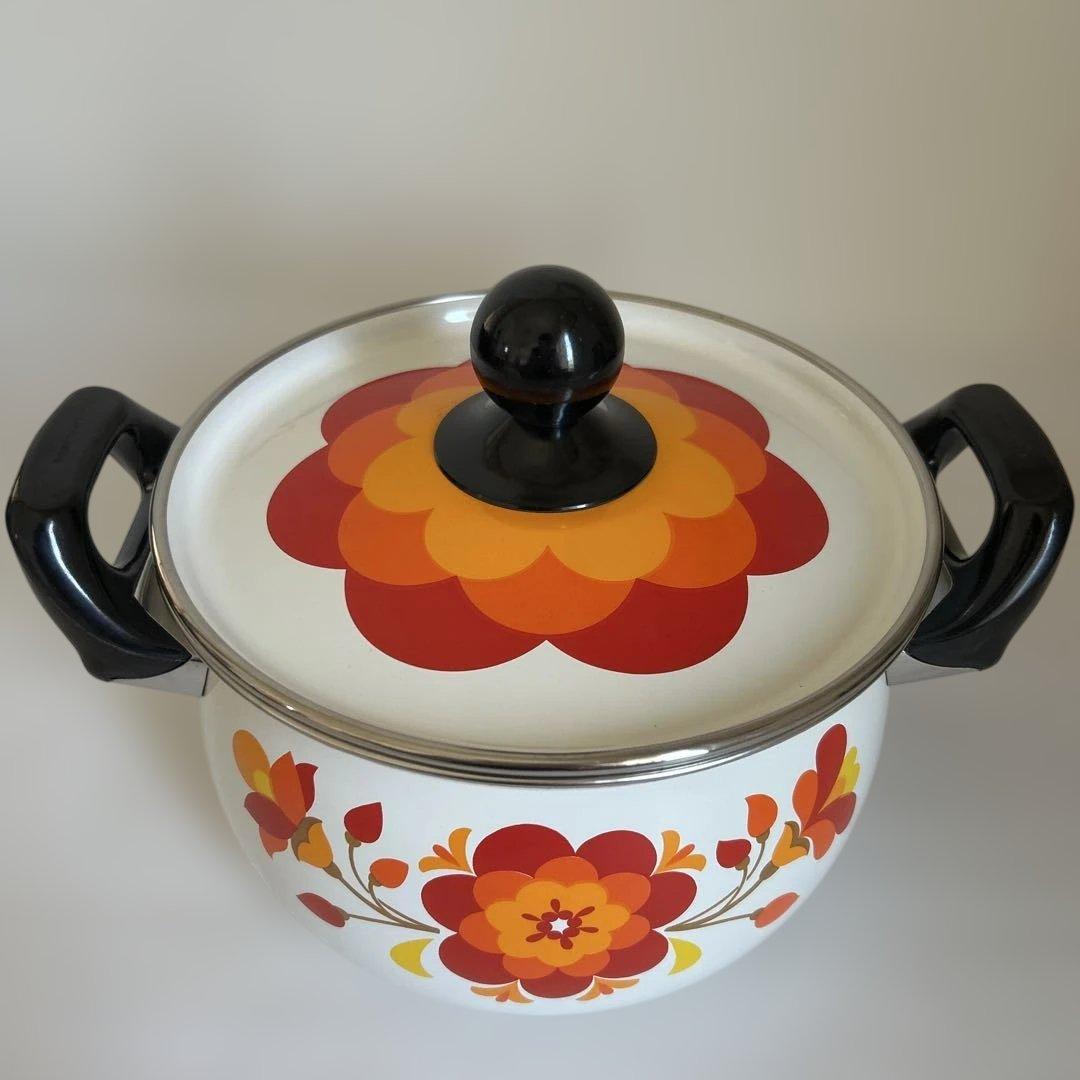 未使用 マルビシ 昭和レトロ フラワー柄　ホーロー両手鍋