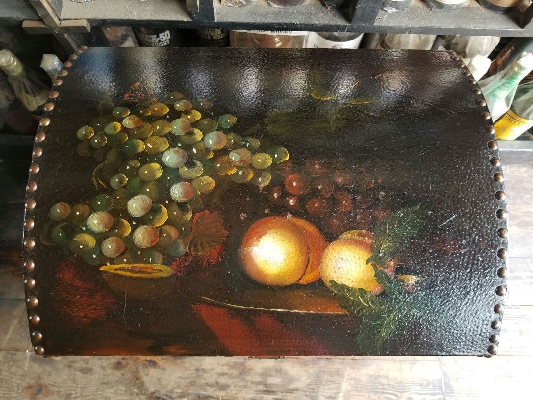 ゴシック　ウッド　トレジャー　チェスト　ピッグスキン　豚革　油絵　真鍮　宝箱