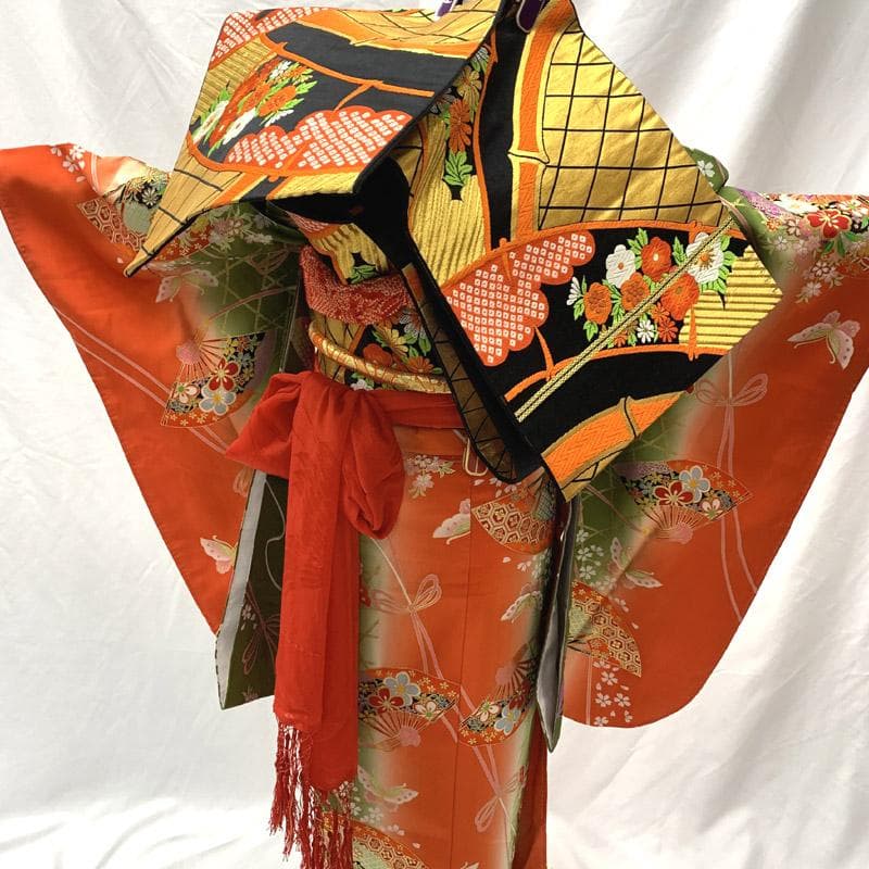 506ag29■七五三 七歳 女児 着物&袋帯 扇 蝶 金彩■状態良好