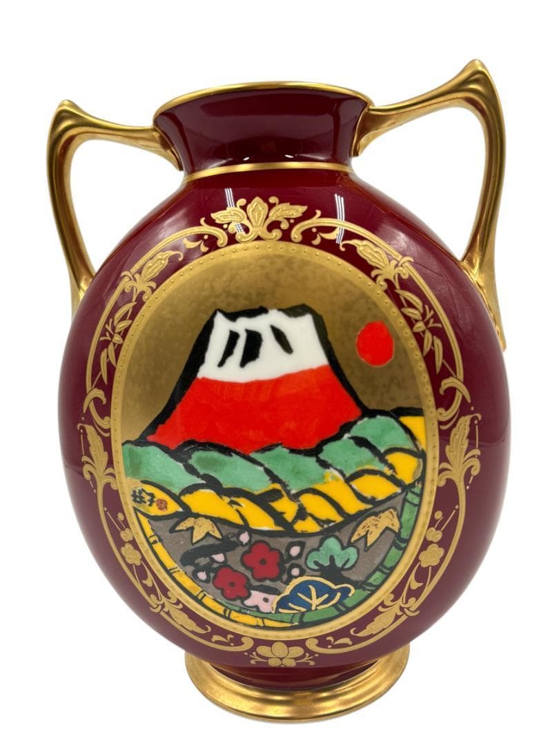【中古美品】ノリタケ 片岡球子 辰砂飾り壷「めでたき富士」 松坂屋150本限定
