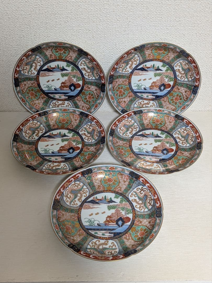 有田焼　弥左ヱ門窯　珈琲碗皿と中皿　錦山水　各5客セット　未使用美品