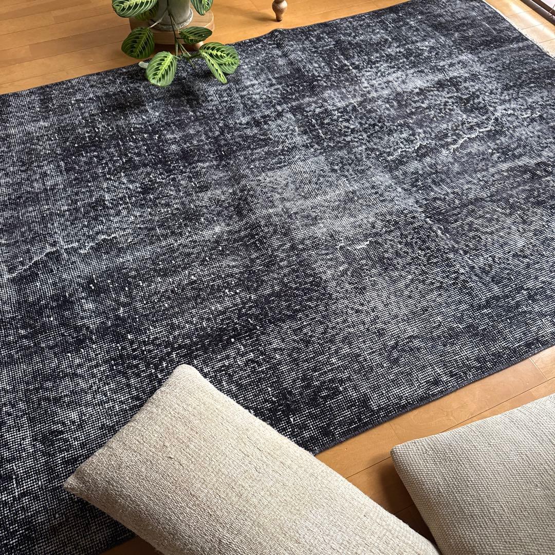 110×203 ブラックグレイオーバーダイ　ワンカラー　トルコヴィンテージラグ
