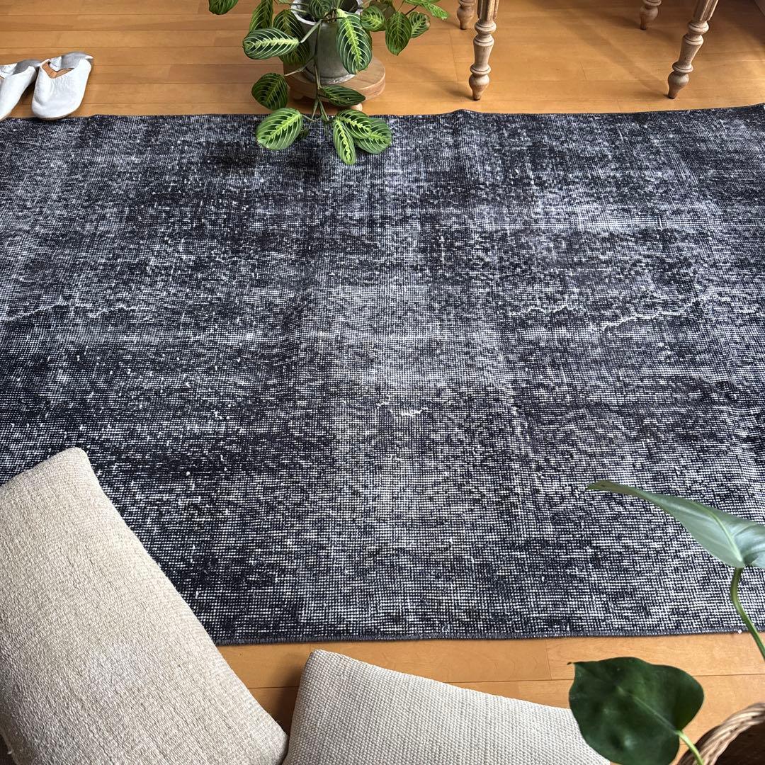 110×203 ブラックグレイオーバーダイ　ワンカラー　トルコヴィンテージラグ