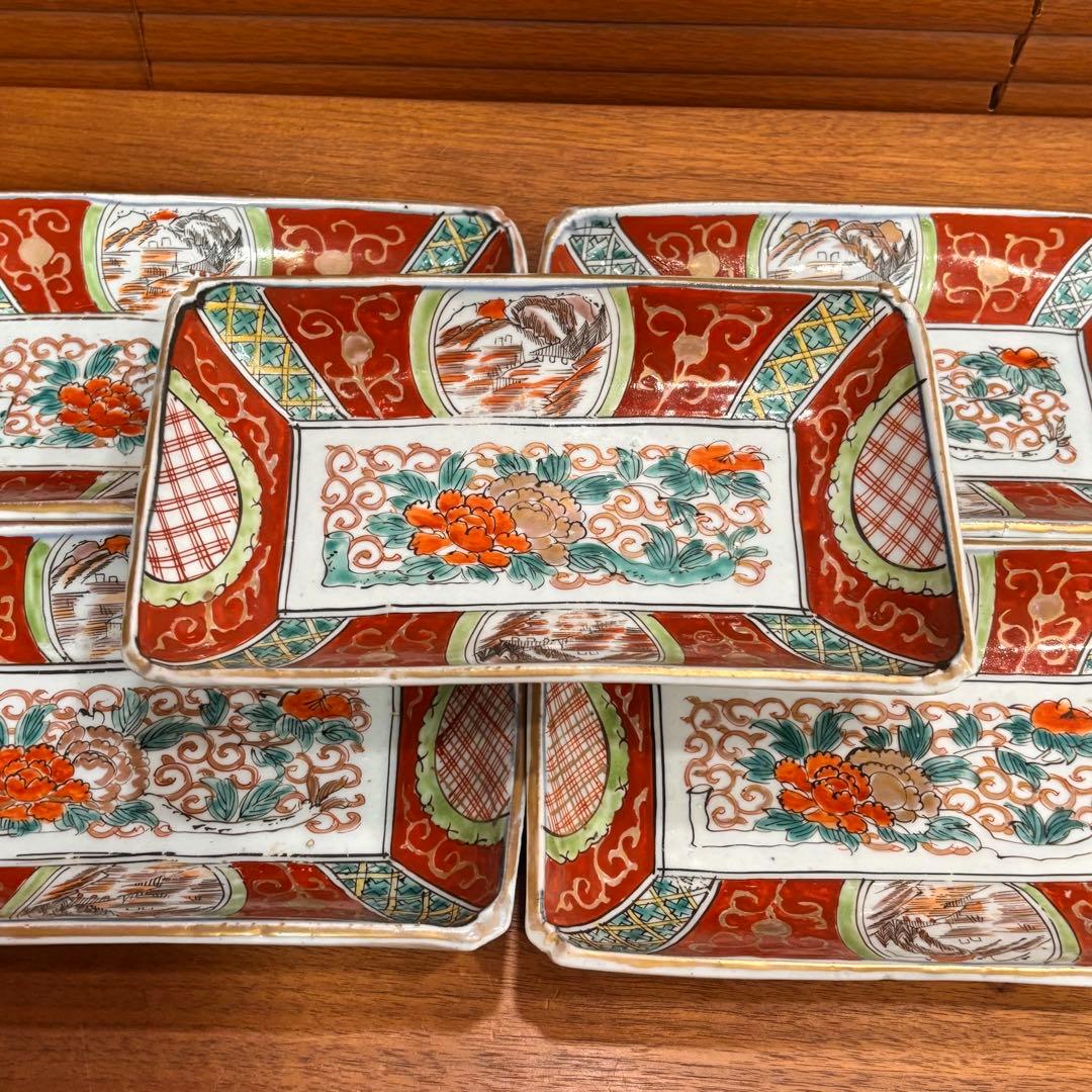 江戸時代　伊万里焼　赤絵　角皿　５枚　完品