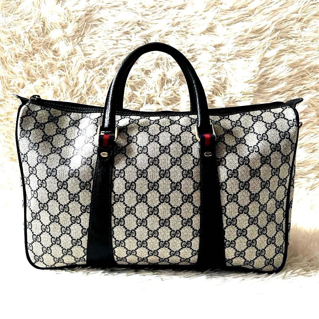 美品 GUCCI ボストンバッグ GGネイビー シェリーライン ヴィンテージ
