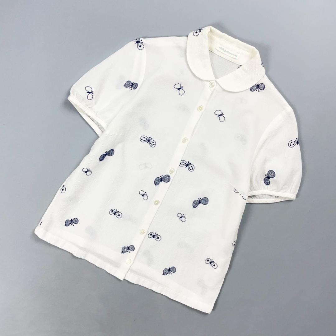 美品 ミナペルホネン 丸襟ブラウス 蝶々刺繍 ホワイト サイズ38*GD26