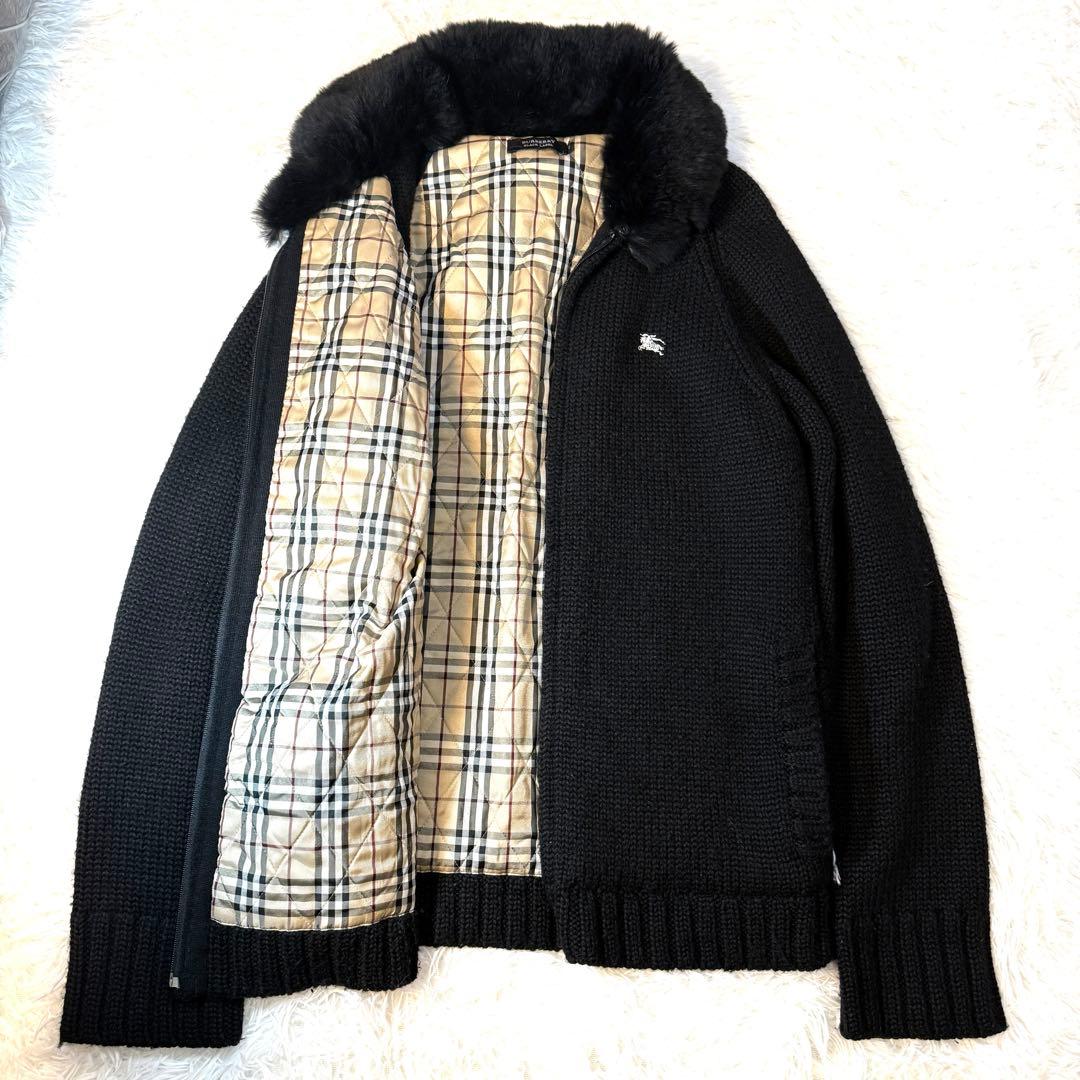 BURBERRY BLACK LABEL厚手ニットファー付 ノバチェック 黒 2