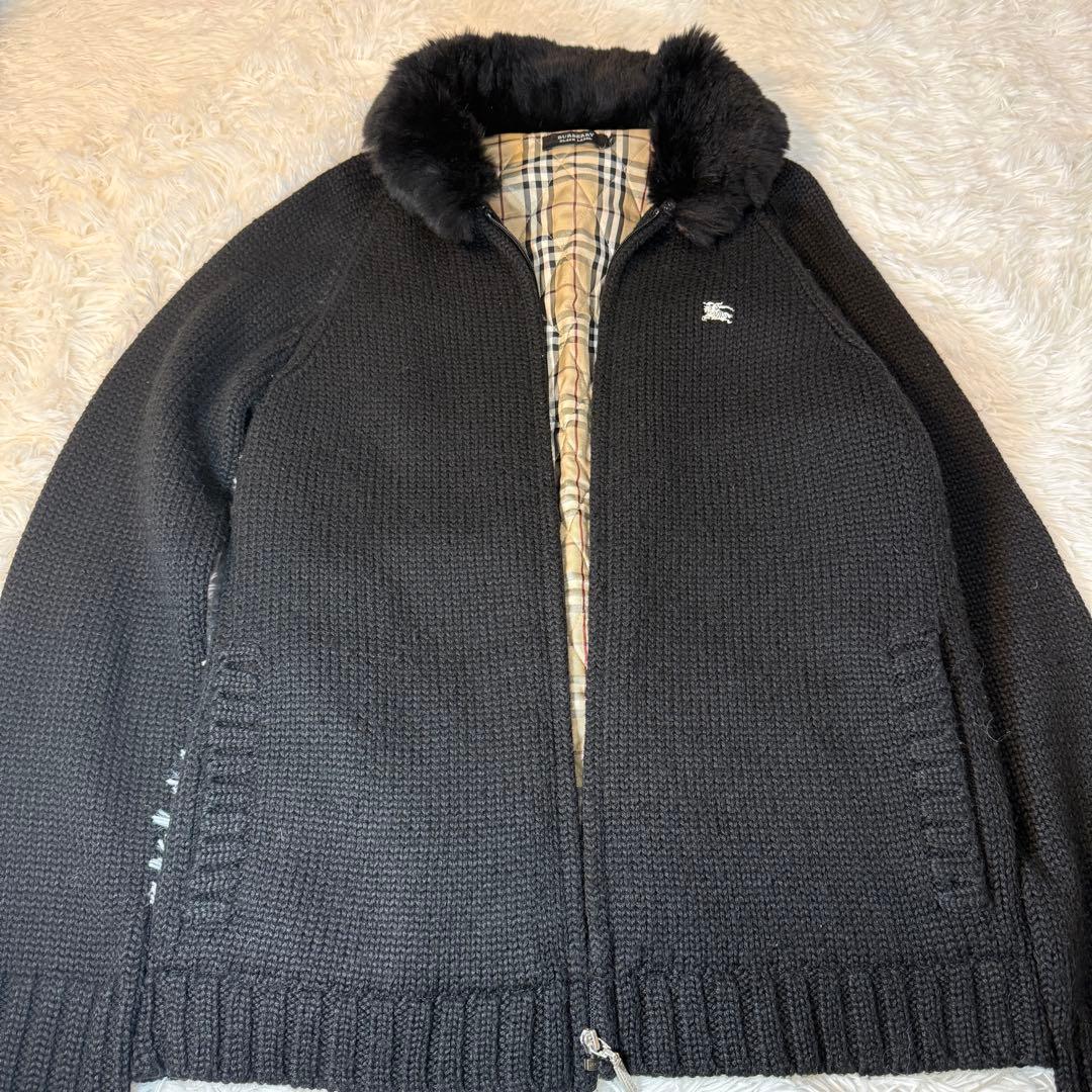 BURBERRY BLACK LABEL厚手ニットファー付 ノバチェック 黒 2